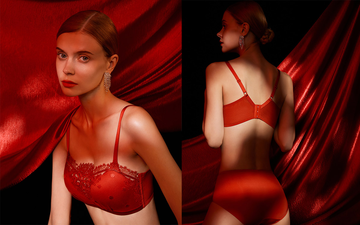 Luxury Silk Mid-Rise Panties in Red with Frastaglio